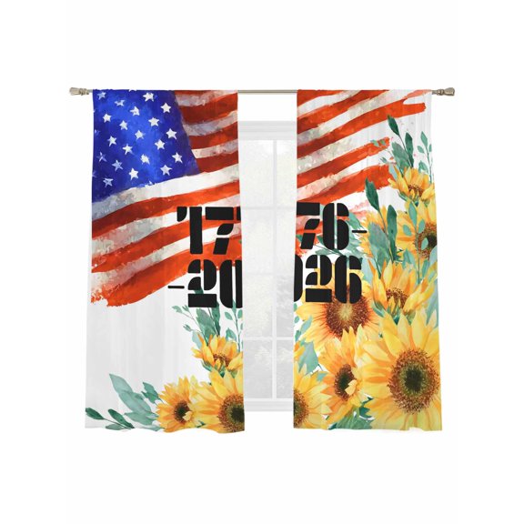 Independence Day Sunflower Sheer Curtains 2 Panels Set 4th of July Red Blue Star Yellow Flower Sheer Window Curtains Light Filtering Rod Pocket Voile Drapes for Bedroom Living Room 52"x63"