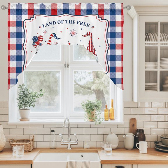 Independence Day Swag Curtain Valance for Windows, America Gnome Load of the Free Red Blue Plaid Swag Curtains Drapes Rod Pocket for Kitchen Bathroom Small Window, 1 Panel 56x36in