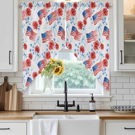 Independence Day Swag Curtain Valance for Windows, Watercolor U, S, Flag Romantic Red Flowers Blue Bow Window Treatments Short Swag Topper for Kitchen Windows Bathroom Bedroom, 36"x45"