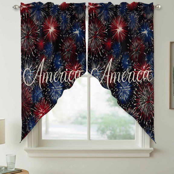 Independence Day Swag Kitchen Curtain Valances, America Letter Print Fantasy Colorful Firework Rod Pocket Curtains Window Treatment Decor Valances for Bedroom Bathroom, 2 Panels 36 x 63 Inch