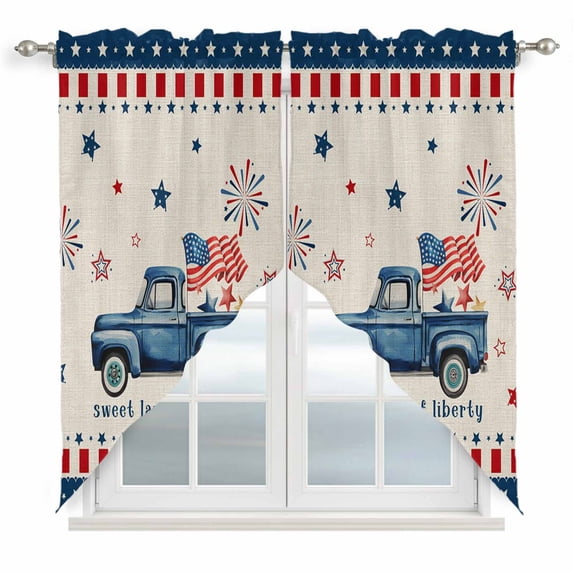 Independence Day Swag Valances for Windows 2 Pack, Kitchen Window Curtains 36 Inch Length, Blue Truck Firework Star Blue Red Flag Privacy Swag Curtains for Living Room/Bathroom 36"x36"