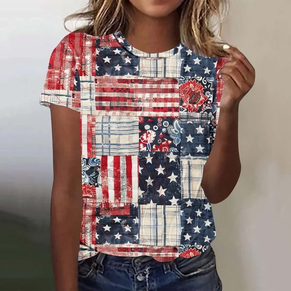 Independence Day T Shirt Memorial Day Womens Tops Red White and Blue Tee Shirts Womens American Flag Tees Ladies New Short-Sleeved Round Neck Pullover Independence Day Printed Casual Tops