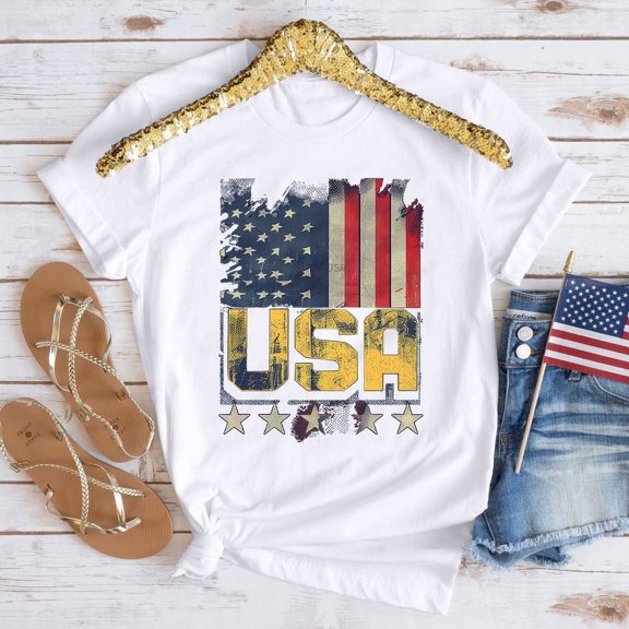Independence Day T Shirts for Women Fourth of July T Shirts Women American Flag Shirts for Women Memorial Day Womens Tops 4th of July Womens Tee Printed Short Sleeved Round Neck T-Shirt Top