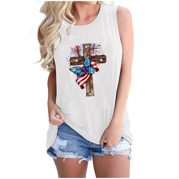 Independence Day T-Shirts for Womens Usa Flag Star Patriotic Tank Tops American Flag Printed Tee Shirts Scooped Neck Tee Sleeveless Shirts American Flag Printed Tunic Blouses Going Out Outfits