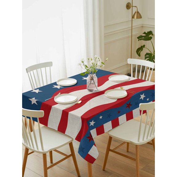 Independence Day Table Cloth 52x70 Inch Rectangle, America Flag Pentagram Cotton Linen Waterproof Tablecloth Washable Table Cover for 250th Anniversary Party Picnic Dinner Decor