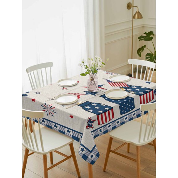 Independence Day Table Cloth 52x70 Inch Rectangle, God Bless the USA Linen Blue Plaid Waterproof Tablecloth Washable Table Cover for 250th Anniversary Party Picnic Dinner Decor