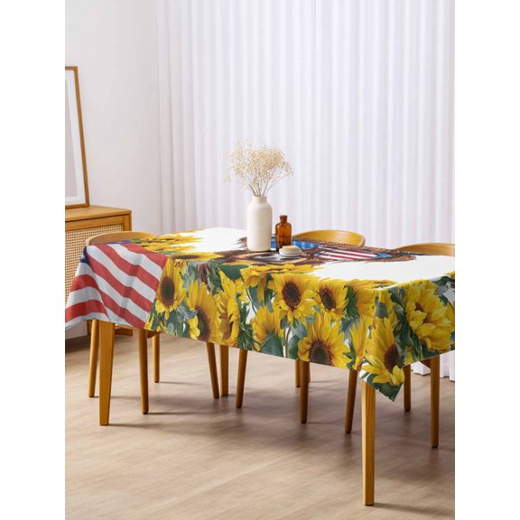 Independence Day Table Cloth 54x108 Inch Rectangle, U.S. Flag Themed Farm Cow Sunflower Farmhouse Waterproof Tablecloth Washable Table Cover for 250th Anniversary Party Picnic Dinner Decor