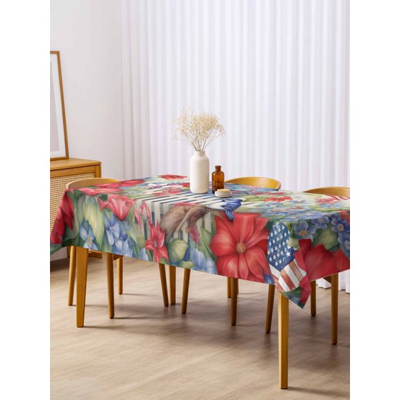 Independence Day Table Cloth 54x108 Inch Rectangle, USA Flag Flower Star Garden Bird Waterproof Tablecloth Washable Table Cover for 250th Anniversary Party Picnic Dinner Decor