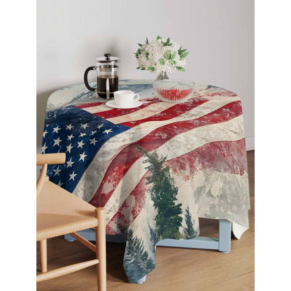 Independence Day Table Cloth 54x54 Inch Square, Mountains Forests American Flag Waterproof Tablecloth Washable Table Cover for 250th Anniversary Party Picnic Dinner Decor