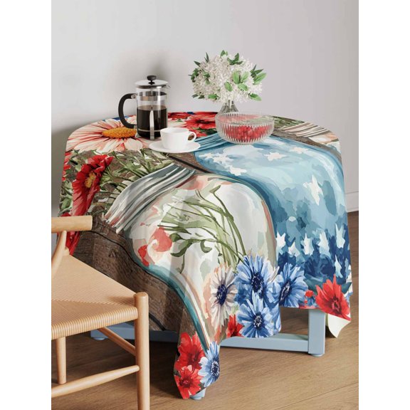 Independence Day Table Cloth 54x54 Inch Square, Red Blue Flora Wood Grain Waterproof Tablecloth Washable Table Cover for 250th Anniversary Party Picnic Dinner Decor