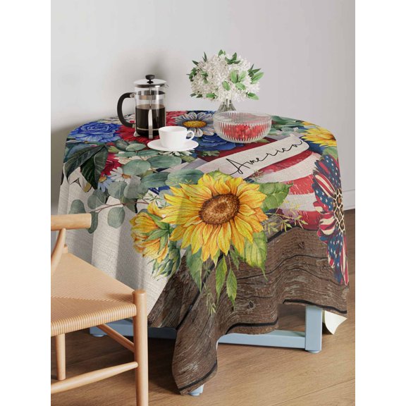 Independence Day Table Cloth 54x54 Inch Square, Red Blue Flowers Sunflower USA Flag Waterproof Tablecloth Washable Table Cover for 250th Anniversary Party Picnic Dinner Decor