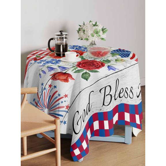 Independence Day Table Cloth 54x54 Inch Square, Red Blue USA Flag Floral Fireworks Wood Grain Waterproof Tablecloth Washable Table Cover for 250th Anniversary Party Picnic Dinner Decor