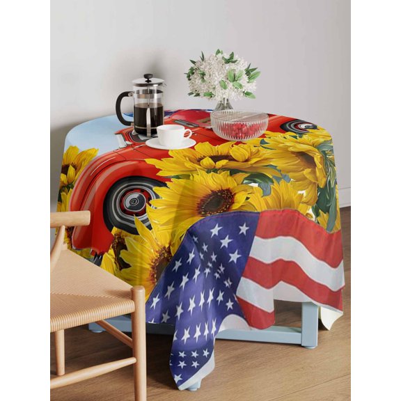 Independence Day Table Cloth 54x54 Inch Square, U.S. Flag Bubble Red Truck Sunflower Waterproof Tablecloth Washable Table Cover for 250th Anniversary Party Picnic Dinner Decor
