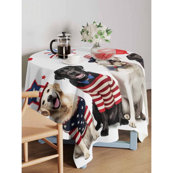 Independence Day Table Cloth 54x54 Inch Square, U.S. Flag Themed Cute Funny Dog Puppy Firework Waterproof Tablecloth Washable Table Cover for 250th Anniversary Party Picnic Dinner Decor