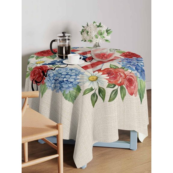 Independence Day Table Cloth 54x54 Inch Square, U. S. Flag Themed Flowers Wreath Linen Texture Waterproof Tablecloth Washable Table Cover for 250th Anniversary Party Picnic Dinner Decor