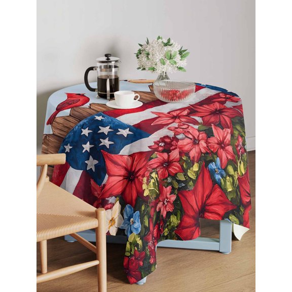 Independence Day Table Cloth 54x54 Inch Square, Vintage Red Flora Bird USA Flag Waterproof Tablecloth Washable Table Cover for 250th Anniversary Party Picnic Dinner Decor