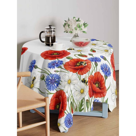 Independence Day Table Cloth 54x54 Inch Square, Watercolor Red Blue White Daisy Cute Bee Waterproof Tablecloth Washable Table Cover for 250th Anniversary Party Picnic Dinner Decor