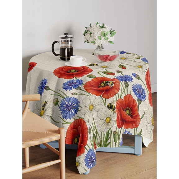 Independence Day Table Cloth 54x54 Inch Square, Watercolor Red Blue White Daisy Farm Bee Linen Texture Waterproof Tablecloth Washable Table Cover for 250th Anniversary Party Picnic Dinner Decor