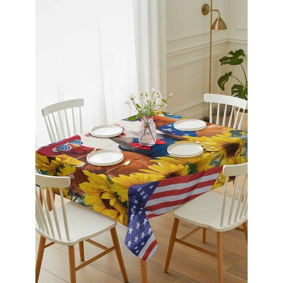 Independence Day Table Cloth 60x102 Inch Rectangle, U.S. Flag Themed Farm Rooster Summer Sunflower Linen Waterproof Tablecloth Washable Table Cover for 250th Anniversary Party Picnic Dinner Decor