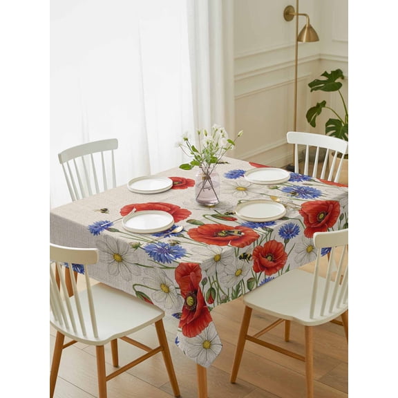 Independence Day Table Cloth 60x102 Inch Rectangle, Watercolor Red Blue White Daisy Farm Bee Linen Texture Waterproof Tablecloth Washable Table Cover for 250th Anniversary Party Picnic Dinner Decor