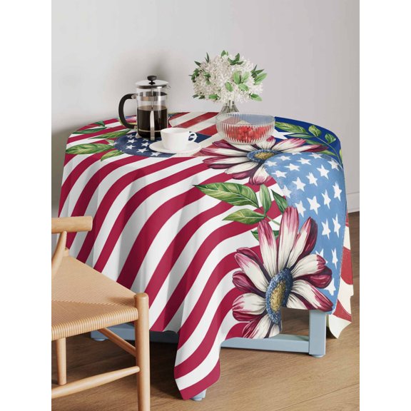 Independence Day Table Cloth 60x60 Inch Square, Stripes Stars Love Daisy American Flag Waterproof Tablecloth Washable Table Cover for 250th Anniversary Party Picnic Dinner Decor