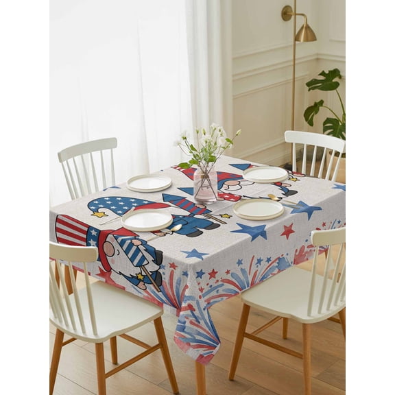 Independence Day Table Cloth 60x84 Inch Rectangle, American Flag Gnome Red Blue Fireworks Linen Texture Waterproof Tablecloth Washable Table Cover for 250th Anniversary Party Picnic Dinner Decor
