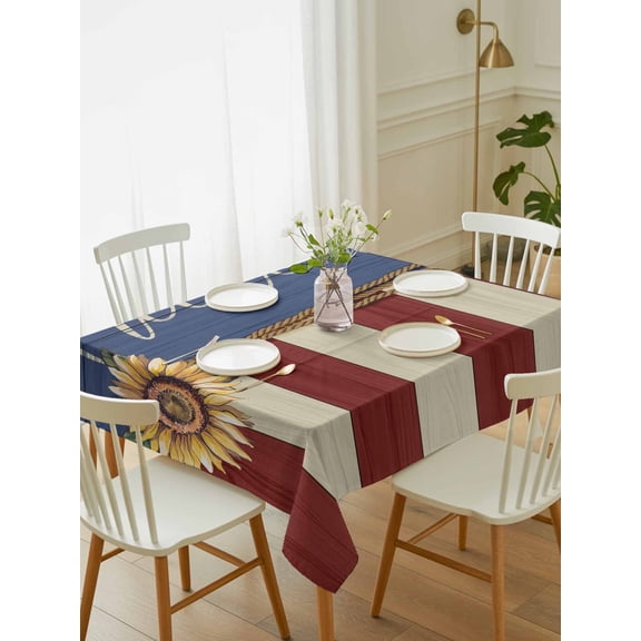 Independence Day Table Cloth 60x84 Inch Rectangle, Freedom Red Blue Stripe Sunflower Waterproof Tablecloth Washable Table Cover for 250th Anniversary Party Picnic Dinner Decor