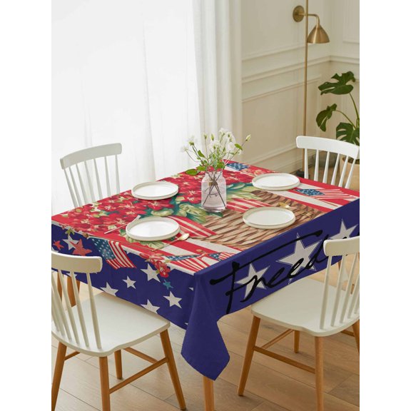 Independence Day Table Cloth 60x84 Inch Rectangle, Red Floral Basket Stars Stripes US Flag Waterproof Tablecloth Washable Table Cover for 250th Anniversary Party Picnic Dinner Decor
