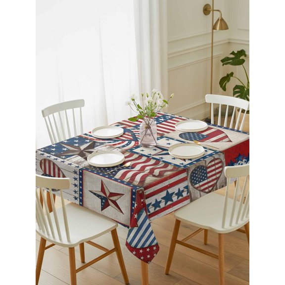 Independence Day Table Cloth 60x84 Inch Rectangle, Retro Red Blue Stars Stripes Star Love Plaid Waterproof Tablecloth Washable Table Cover for 250th Anniversary Party Picnic Dinner Decor