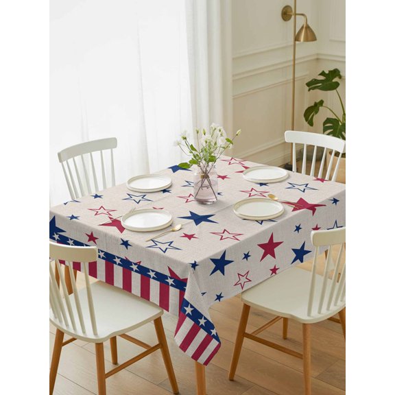 Independence Day Table Cloth 60x84 Inch Rectangle, Stars Blue Red Beige Stripes Waterproof Tablecloth Washable Table Cover for 250th Anniversary Party Picnic Dinner Decor