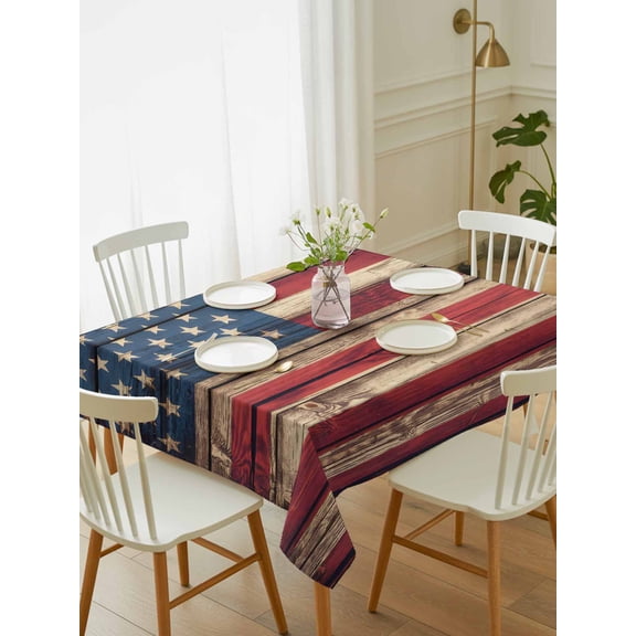 Independence Day Table Cloth 60x84 Inch Rectangle, Stars Stripes American Flag Wood Grain Waterproof Tablecloth Washable Table Cover for 250th Anniversary Party Picnic Dinner Decor