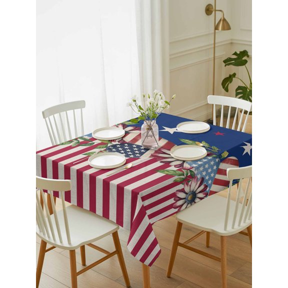 Independence Day Table Cloth 60x84 Inch Rectangle, Stripes Stars Heart Flower USA Flag Waterproof Tablecloth Washable Table Cover for 250th Anniversary Party Picnic Dinner Decor