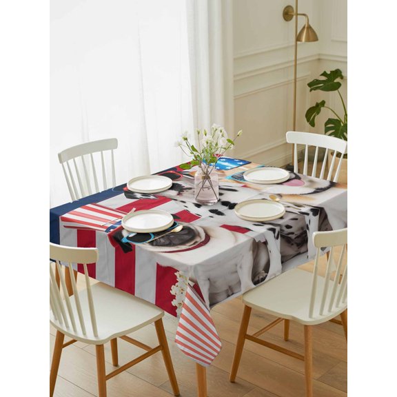 Independence Day Table Cloth 60x84 Inch Rectangle, U.S. Flag Themed Cute Funny Dog Popcorn Waterproof Tablecloth Washable Table Cover for 250th Anniversary Party Picnic Dinner Decor