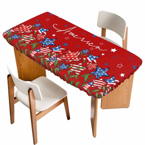 Independence Day Table Cloths for 4 Foot Rectangle Tables, 4th of July Red Striped Stars Patriotic Patio Waterproof Elastic Fitted Tablecloths, Washable Rectangular Table Cover for Camping