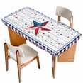 thumbnail image 1 of Independence Day Table Cloths for 4 Foot Rectangle Tables, American Flag Star Wooden Buffalo Check Patio Waterproof Elastic Fitted Tablecloths, Washable Rectangular Table Cover for Camping, 1 of 8