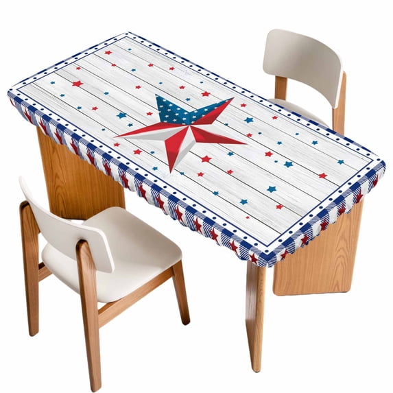 Independence Day Table Cloths for 4 Foot Rectangle Tables, American Flag Star Wooden Buffalo Check Patio Waterproof Elastic Fitted Tablecloths, Washable Rectangular Table Cover for Camping