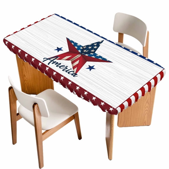 Independence Day Table Cloths for 4 Foot Rectangle Tables, Blue Red Star American Flag Striped Patio Waterproof Elastic Fitted Tablecloths, Washable Rectangular Table Cover for Camping