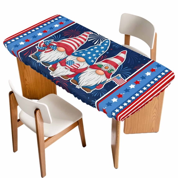 Independence Day Table Cloths for 4 Foot Rectangle Tables, Patriotic Gnomes USA Flag Firework Patio Waterproof Elastic Fitted Tablecloths, Washable Rectangular Table Cover for Camping