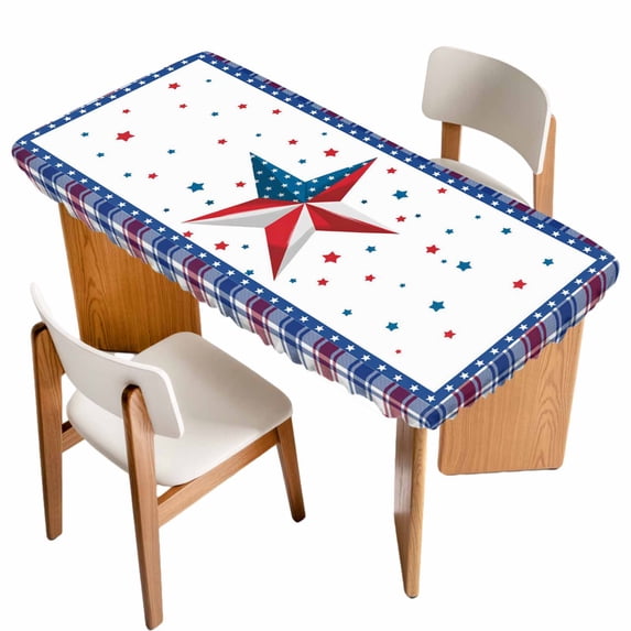 Independence Day Table Cloths for 4 Foot Rectangle Tables, Red Blue Patriotic Star Stripes Plaid Patio Waterproof Elastic Fitted Tablecloths, Washable Rectangular Table Cover for Camping