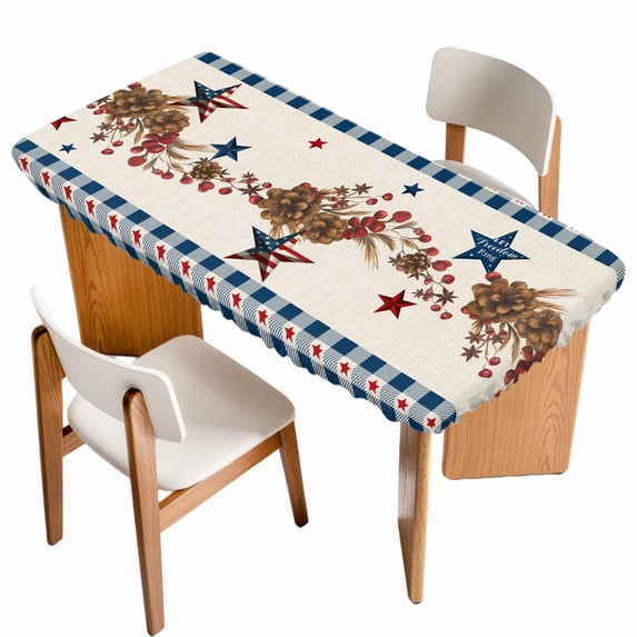 Independence Day Table Cloths for 4 Foot Rectangle Tables, Red Blue Stars Stripes Flag Wood Plaid Patio Waterproof Elastic Fitted Tablecloths, Washable Rectangular Table Cover for Camping