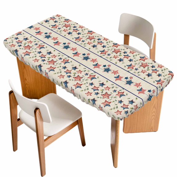 Independence Day Table Cloths for 5 Foot Rectangle Tables, 4th of July Red Blue Stripes Star Burlap Patio Waterproof Elastic Fitted Tablecloths, Washable Rectangular Table Cover for Camping
