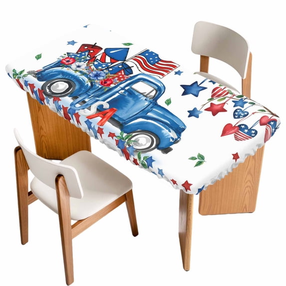 Independence Day Table Cloths for 5 Foot Rectangle Tables, Farmhouse American Flag Truck Star Love Patio Waterproof Elastic Fitted Tablecloths, Washable Rectangular Table Cover for Camping