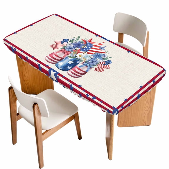 Independence Day Table Cloths for 5 Foot Rectangle Tables, Red Blue Flowers Patriotic Star Stripes Patio Waterproof Elastic Fitted Tablecloths, Washable Rectangular Table Cover for Camping