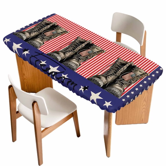 Independence Day Table Cloths for 5 Foot Rectangle Tables, Vintage Boots Red Vertical Striped US Flag Patio Waterproof Elastic Fitted Tablecloths, Washable Rectangular Table Cover for Camping