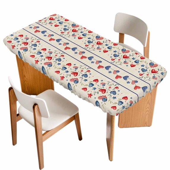 Independence Day Table Cloths for 6 Foot Rectangle Tables, 4th of July Red Blue Strip Love Burlap Patio Waterproof Elastic Fitted Tablecloths, Washable Rectangular Table Cover for Camping