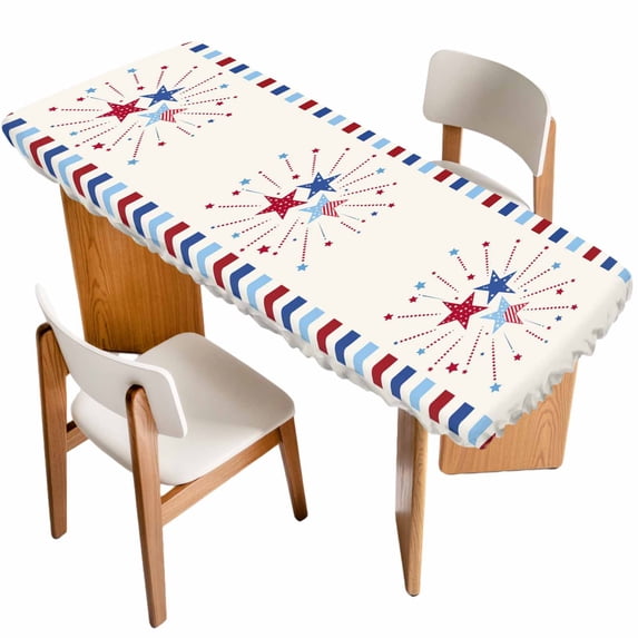 Independence Day Table Cloths for 8 Foot Rectangle Tables, 4th of July Red Blue Striped Stars Beige Patio Waterproof Elastic Fitted Tablecloths, Washable Rectangular Table Cover for Camping
