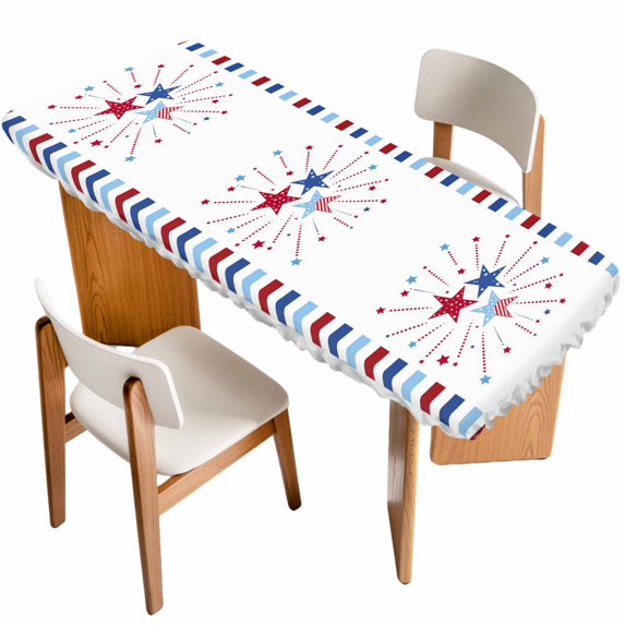 Independence Day Table Cloths for 8 Foot Rectangle Tables, 4th of July Red Blue Striped Stars Patriotic Patio Waterproof Elastic Fitted Tablecloths, Washable Rectangular Table Cover for Camping