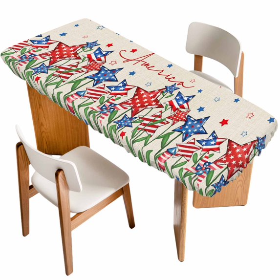 Independence Day Table Cloths for 8 Foot Rectangle Tables, 4th of July Striped Stars Patriotic Burlap Patio Waterproof Elastic Fitted Tablecloths, Washable Rectangular Table Cover for Camping