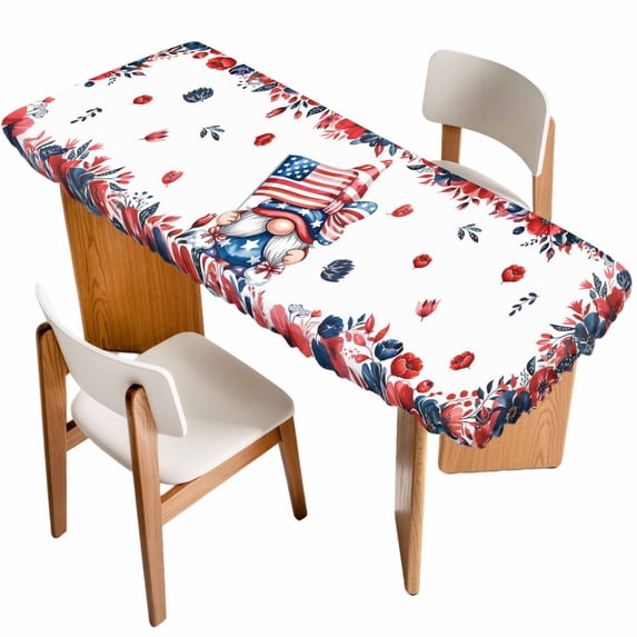 Independence Day Table Cloths for 8 Foot Rectangle Tables, Gnomes American Flag Red Blue Flowers Patio Waterproof Elastic Fitted Tablecloths, Washable Rectangular Table Cover for Camping