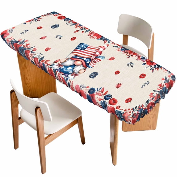 Independence Day Table Cloths for 8 Foot Rectangle Tables, Patriotic Gnomes USA Flag Flowers Retro Patio Waterproof Elastic Fitted Tablecloths, Washable Rectangular Table Cover for Camping